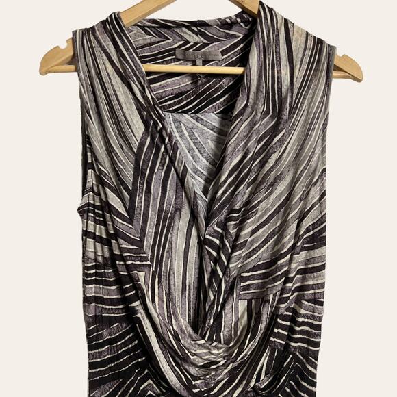 Halston Heritage Gray White Abstract Striped Draped Front Sleeveless Dress Sz 4 - Picture 2 of 7